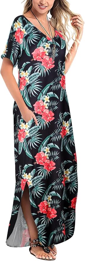 Arolina Women's Summer Maxi Dress Short Sleeve V Neck Casual Loose Long Beach Split Dresses with Pockets