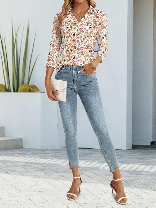 3/4 Length Sleeve Womens Tops Dressy Casual V Neck Polo Shirts Business Work Blouses 2025 Trendy Tunic Top