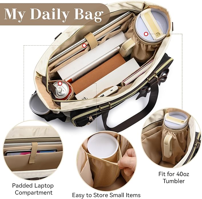 Teacher Tote Bag for Women,Multi-Pocket Laptop & Nurse Work Bag with Cup Holder,Structured Business Briefcase Computer Purse