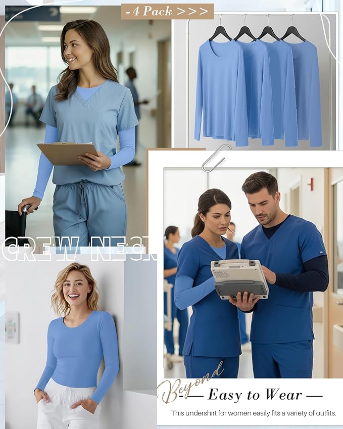 4 Pack Women's Underscrub Shirts Nurse Undershirts Long Sleeve Crewneck Slim Fit Tops Soft Stretchy Basic Tee