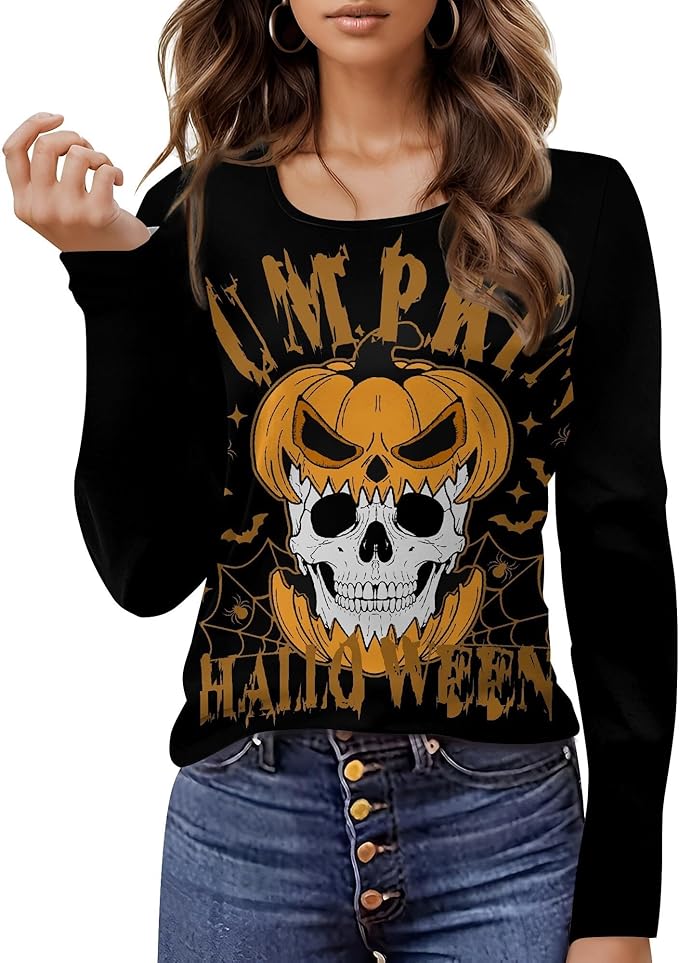domirica Halloween Sweatshirts For Women Cute Pullover Fall Long Sleeve Pullover U-Neck Halloween Crazy Party Club Clothes