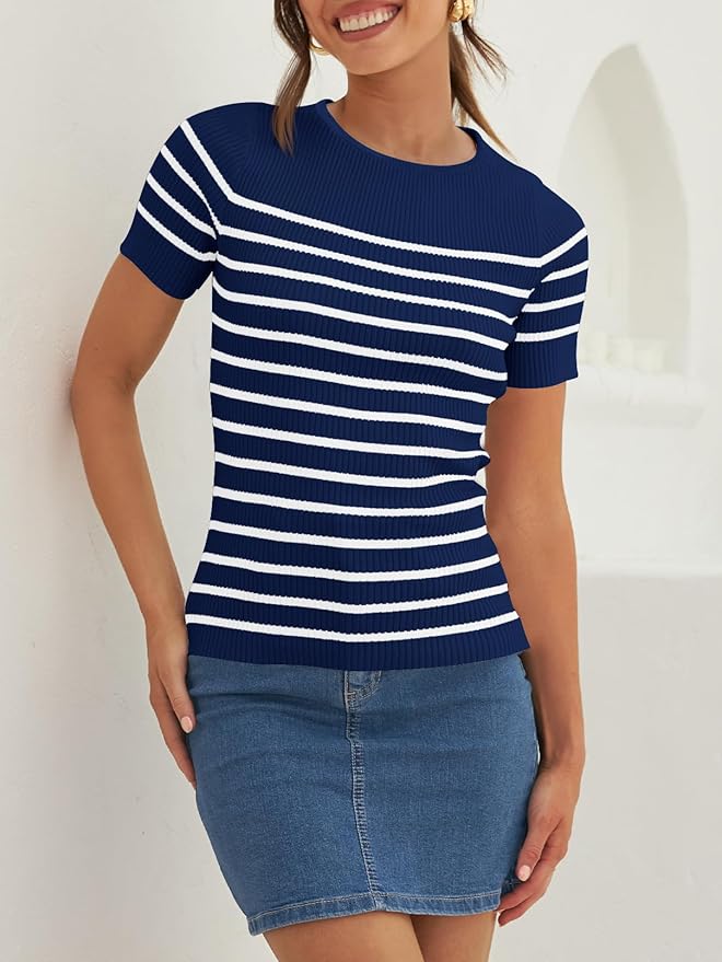 ZESICA Women's Short Sleeve Crewneck Striped T Shirt 2026 Summer Ribbed Knit Slim Fit Casual Basic Tee Tops