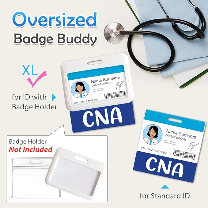 Oversized CNA Badge Buddy Card Holder - Horizontal Certified Nursing Assistant Accessories XL Blue Pink Black Purple Red ID Badge Card Holder Name Tags Buddy for Hospital Work