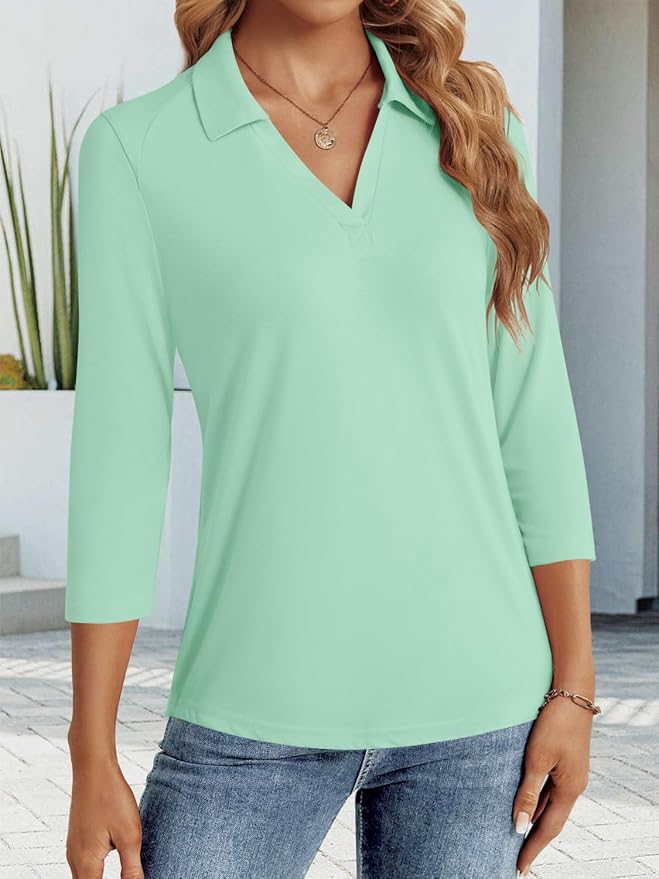 3/4 Length Sleeve Womens Tops Dressy Casual V Neck Polo Shirts Business Work Blouses 2025 Trendy Tunic Top