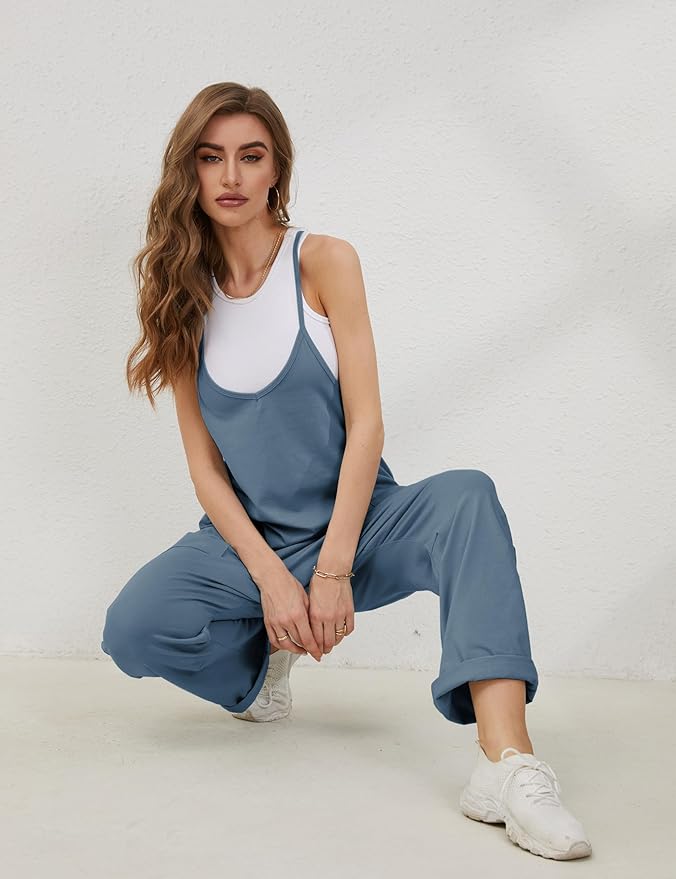 Lentta Women's Causal Jumpsuits V Neck Sleeveless Harem Overalls Stretchy Adjustable Strap Romper with Pockets