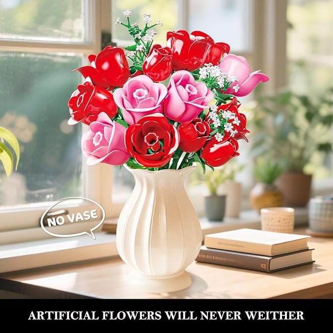 HOGOKIDS Flowers Bouquet Building Set with Lights - 16 Roses Bouquet Botanical Building Blocks Artificial Red Roses Flower for Home Decor Birthday Valentines Gifts for Adults Girl - 387PCS (Pink)