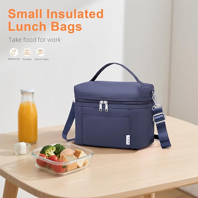 NOL Natural Organic Lifestyle Small Insulated Lunch Bags for Women Cooler Bag Lightweight Nylon Waterproof Lunch Box For Work (Small, Navy blue)