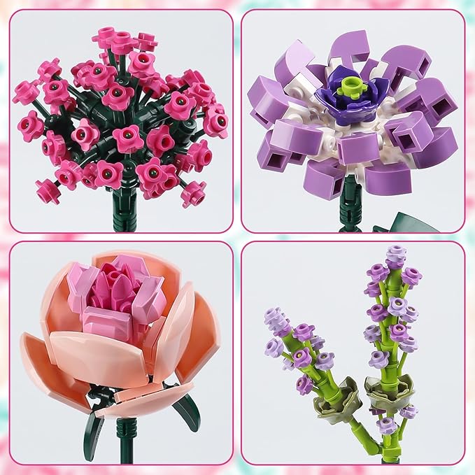 Chodia Flower Bouquet Building Blocks Artificial Pink Rose Botanical Collection Bricks Sets Toys Kits Christmas X'Mas Valentine Gifts Birthday Creative Gifts for Adults Mom Girlfriends(413PCS)
