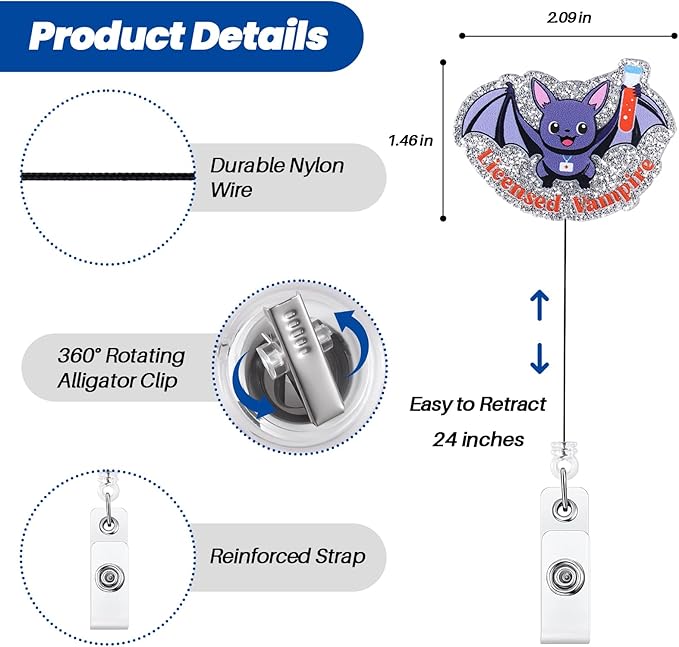 Funny Licensed Vampire Badge Reel, Cute Phlebotomy Nures Retractable ID Card Badge Holder, Name Tag Medical Work Badge Clip for RN LPN CNA MA ER Night Shift Nurse Nursing Student Doctor, Nurse Gifts