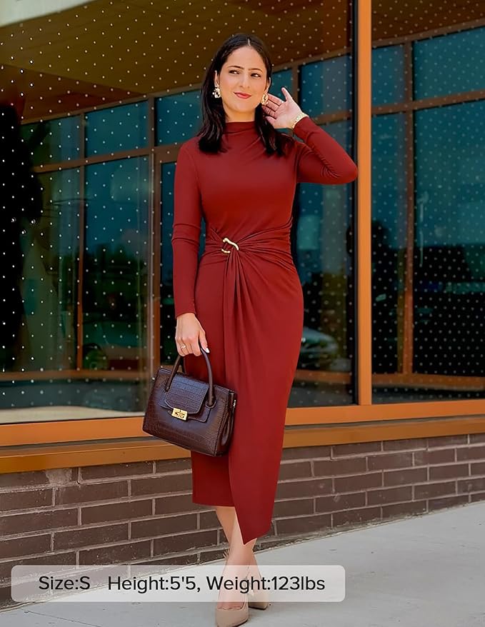 ZESICA Women's 2026 Spring Long Sleeve Bodycon Dress Mock Neck Wedding Guest Cocktail Party Long Midi Dresses