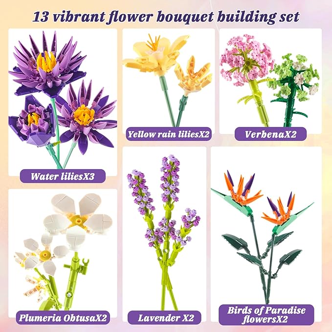 Flower Bouquet Building Set, 891PCS Creative DIY Flower Bouquet Set, Birds of Paradise and Water Lily Bouquet Building Sets for Home Office Decor for Adults, Gift for Mother's Day Valentine's Day