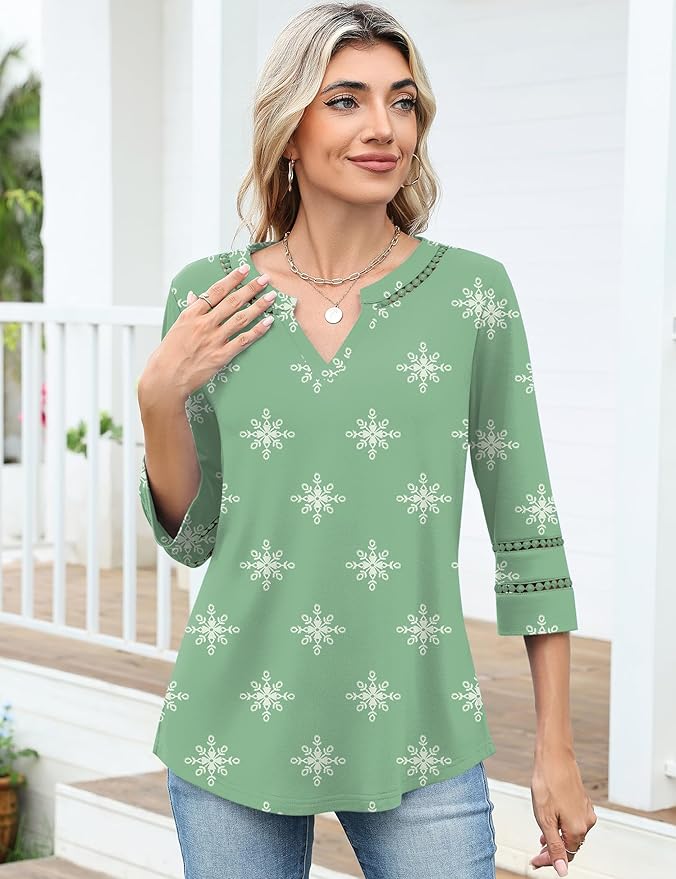 Ivicoer 3/4 Length Sleeve Womens Tops V Neck Lace Embroidered Summer Blouses Loose Fit Tunic Dressy Casual