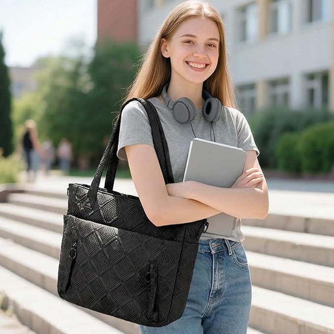 SUNRISING Tote Bag for Women, Puffy Tote Bag with Zipper, Large Quilted Shoulder Bag with Compartments for Travel Work Gym