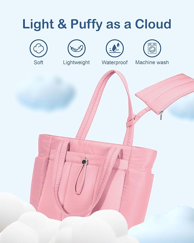 TOPDesign Puffy Tote Bag for Women with Cup Holder & Laptop Compartment & Cosmetic Bag & Trolley Sleeve for Work, Travel