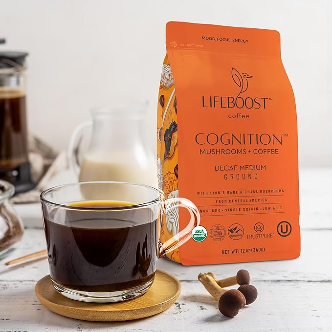 Lifeboost Cognition Decaf Mushroom Coffee - Low Acid Decaf Medium Organic Coffee with Lions Mane & Chaga Mushrooms - Increase Energy, Boost Focus & Immune Support - 12 oz Bag - Ground