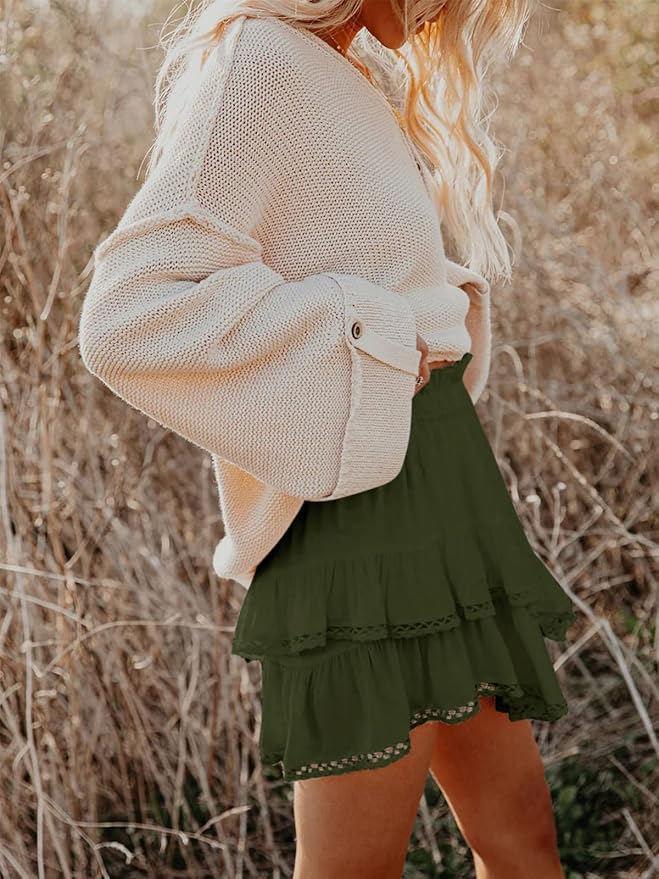 Aoudery Flowy Shorts for Women Casual Boho Ruffle Tiered Skorts High Waist Mini Skirts Golf Tennis Crochet Shorts