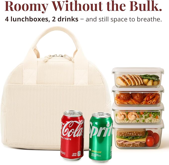 Insulated Cream Beige Lunch Bag for Women, Stylish Corduroy Tote with Aluminum Lining, Large Capacity Reusable Cooler for Work, Travel, or Beach, Beige Cream Water-Resistant Lunch Box