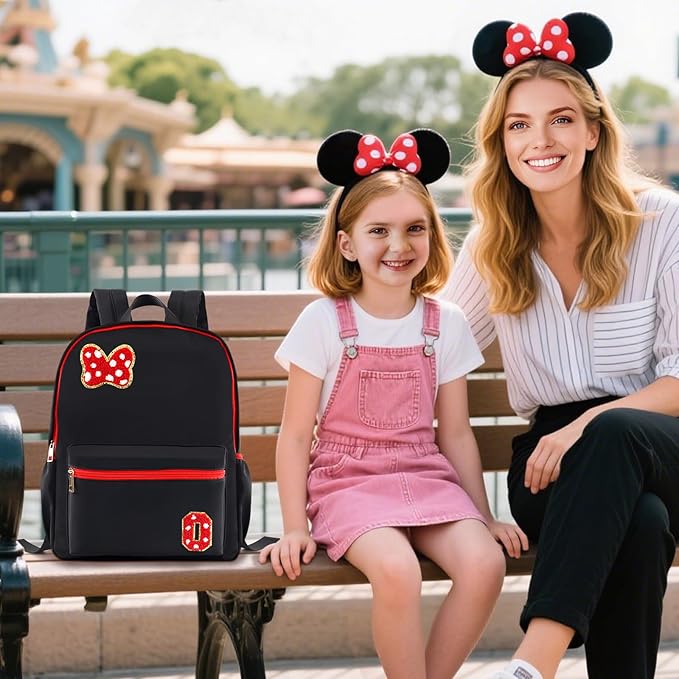 Preppy Initial Bow Mouse Backpacks for Girls 14.6 Inch, Black Kids Backpacks Ages 3-10 for Park Travel Preschool Elementary School, Lightweight Bookbag Birthday Back to School Gifts for Little Girls O