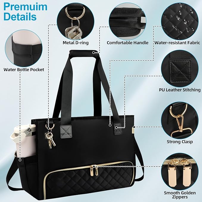 2-in-1 Laptop Tote Bag for Women with Big Insulated Lunch Compartment, Soft Nylon Work Tote Bag with 15.6 Inch Laptop Compartment& Cup Holder for Teacher Nurse Business Travel Daily (Black)