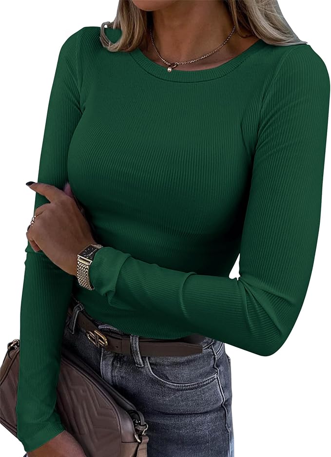 Roselux Womens Long Sleeve Stretch Crewneck Ribbed T-Shirt Fitted Casual Basic Tops