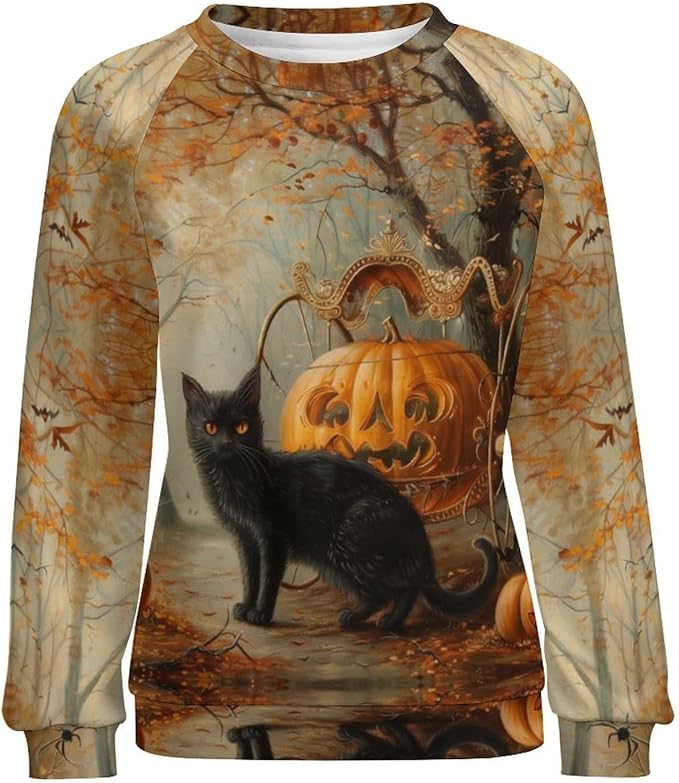Spatofa Womens novelty funny cat printed crewneck sweatshirt casual loose long sleeve graphic pullover sweatshirts tops