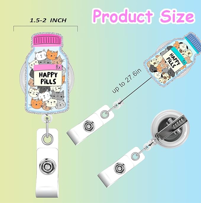 Happy Pills Cat Dog Badge Reels Retractable Funny Cute Badge Holder with Badge Reel ID Clip Name Tag Card Tag Card Badge Clip Acrylic Accessories Gifts Nurse