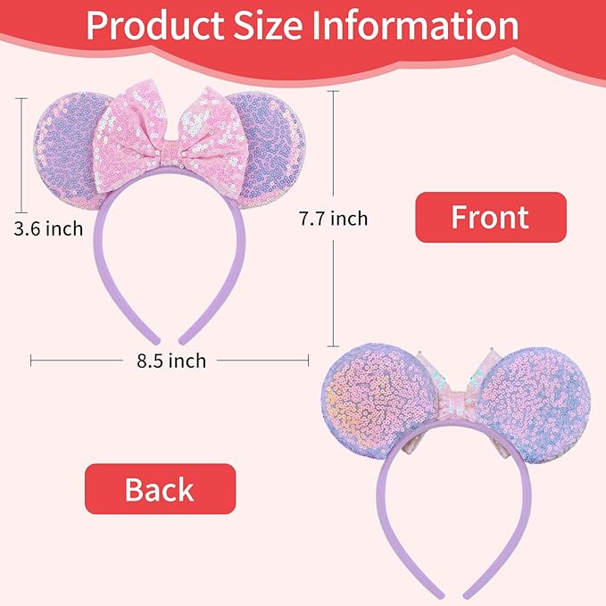 Sotaila 2 Pack Pink Purple Mouse Ears Headbands for Women Girls, Sequin Bow Headband for Cosplay Costume Birthday Party Decorations Hair Accessories