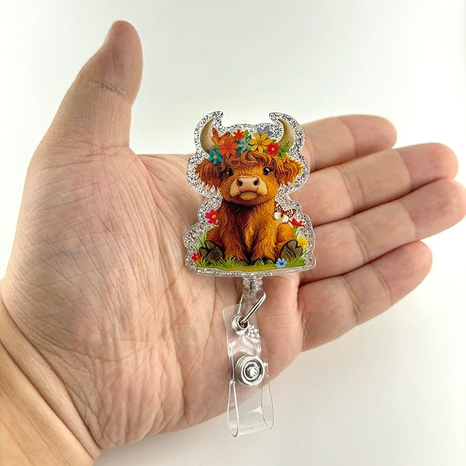 Funny Badge Reel, Cute Highland Cow Retractable ID Card Badge Holder, Name Tag Pediatric Badge Clip for NICU RN LPN CNA MA ER Night Shift Nurse Nursing Student OB/GYN ICU Doctor Teacher, Nurse Gifts