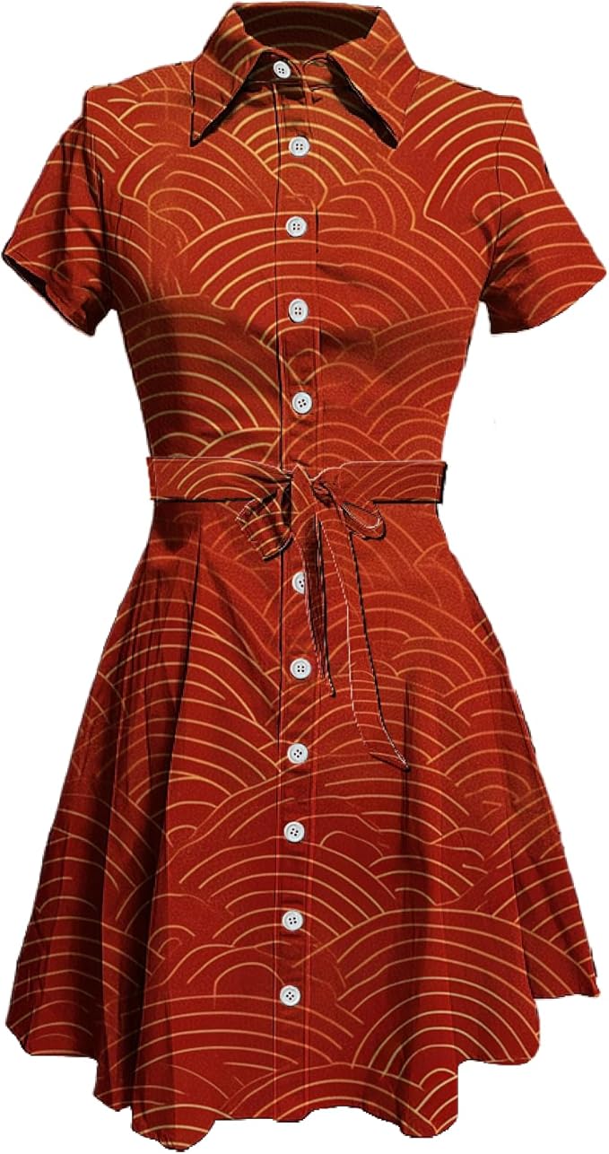 MARSVOVO Japanese Art Shirt Dresses for Women Short Sleeve Ruffle Button Down Tie Waist Trendy Elegant Midi Dress