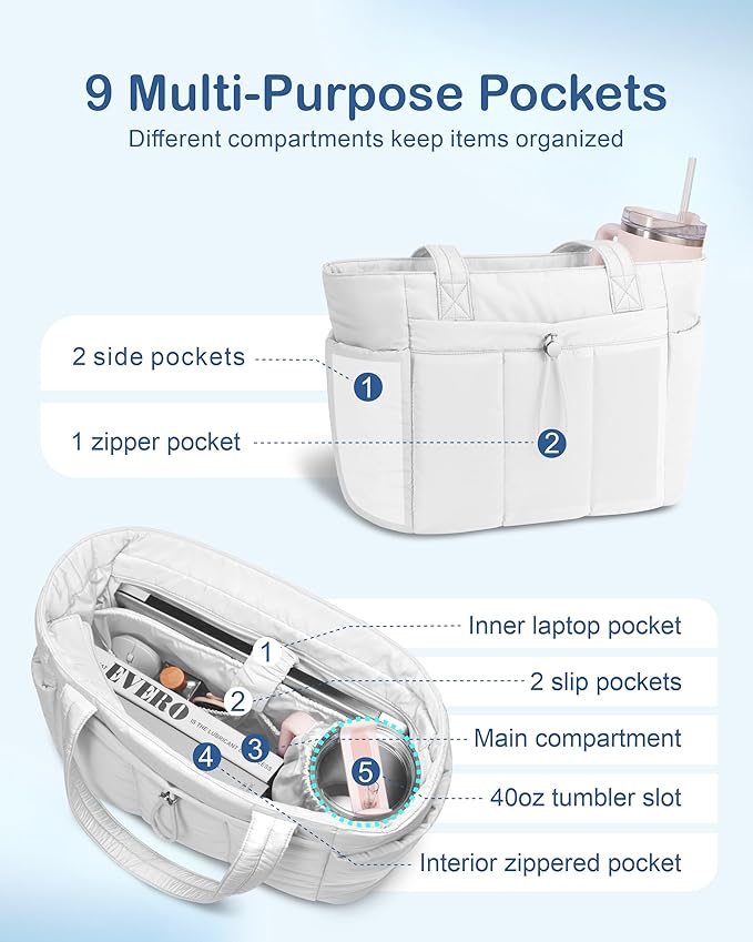 TOPDesign Puffy Tote Bag for Women with Cup Holder & Laptop Compartment & Cosmetic Bag & Trolley Sleeve for Work, Travel