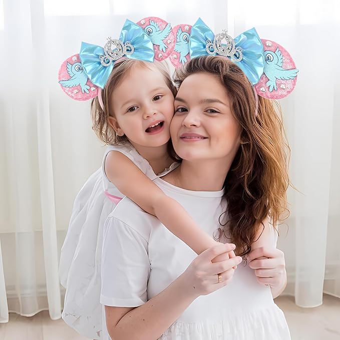 zhezesmila Mouse Ears Headband Lark Birds Ears with Sparkly Bow Princess Crown Head Bands for Women Hairs Accessories for Birthday Party Theme Park
