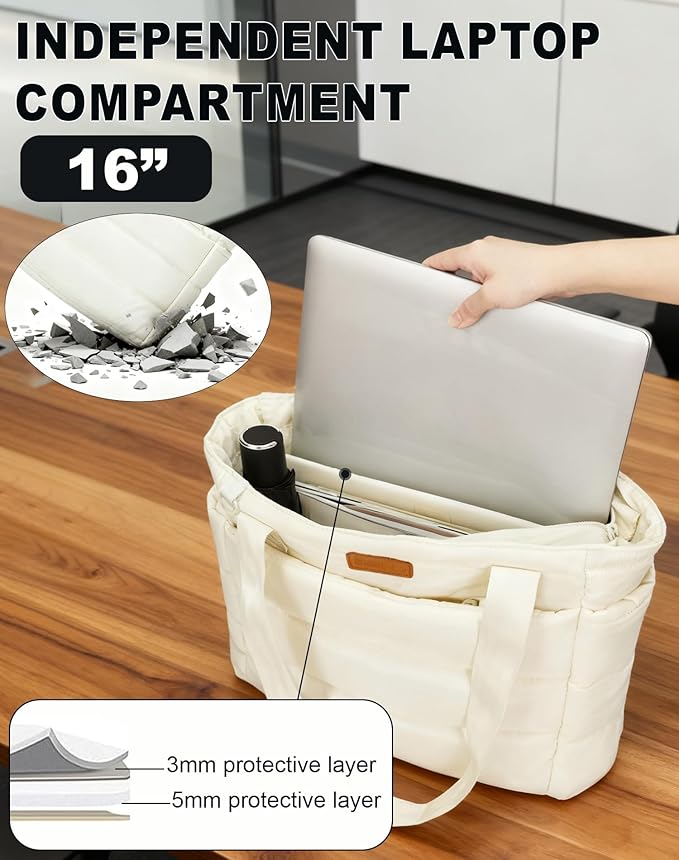 Quilted Puffer Tote Bag for Women, Waterproof Lightweight Work Bag for Nurse/Commuter with 16" Laptop Pocket | Puffer Tote Bag