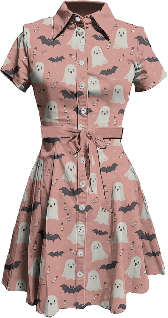 MARSVOVO Cute T Shirt Dress for Women Short Sleeve Button Up Tie Waist Elegant Casual Collared Smocked Midi Dress