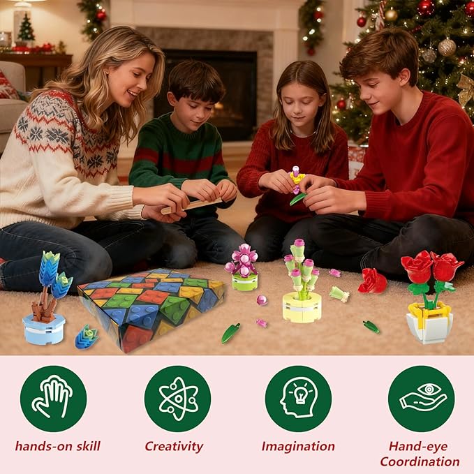 Flowers Building Blocks Succulents Botanical Toys Advent Calendar 2025– 24 packs Fake Flower Building Sets Blind Box Toy Set for Home, Kitchen, Desk Decor Block Toy,Party Favors for Christmas Birthday Valentine's Gift Adults Kids Girl 6+