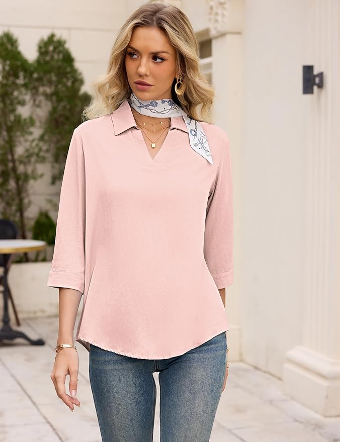 LOMON Womens 3/4 Sleeve Tops V Neck Cotton Linen Work Blouse Polo Shirts for Women Business Casual 2026