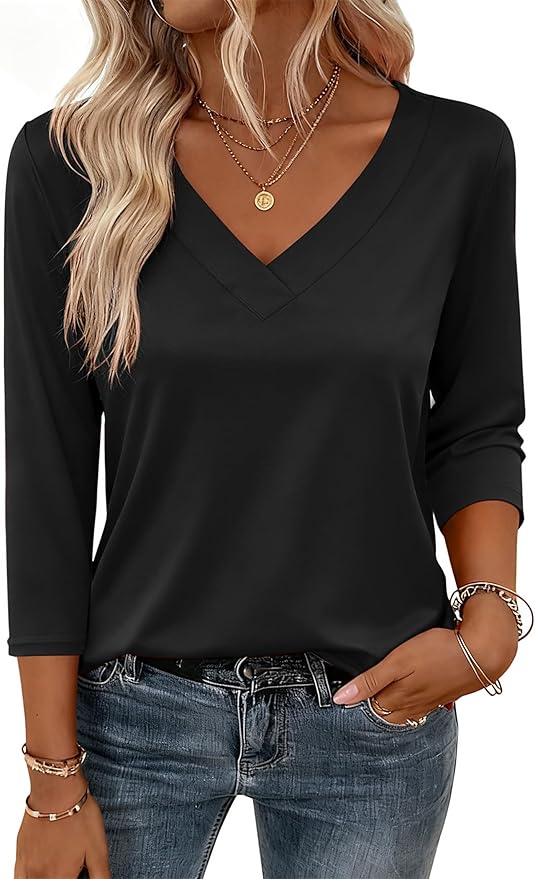 Zeagoo 3/4 Length Sleeve Womens Tops V Neck Shirt Dressy Casual Blouse Basic Tshirts 2026 Fashion Clothing S-2XL