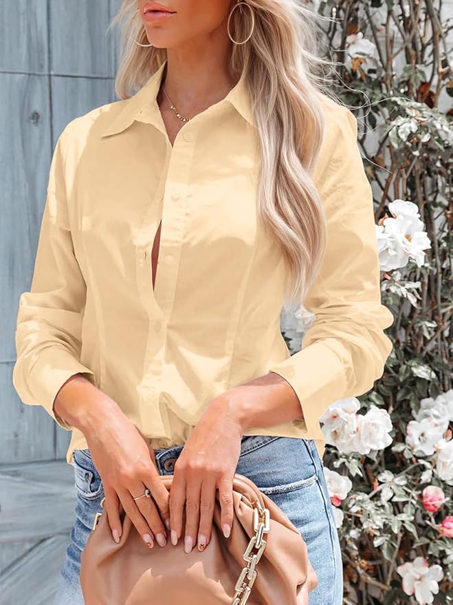 siliteelon Women's Button Down Shirts Long Sleeve Dress Shirts Wrinkle Free Collared Work Office Solid Blouses Corset Tops