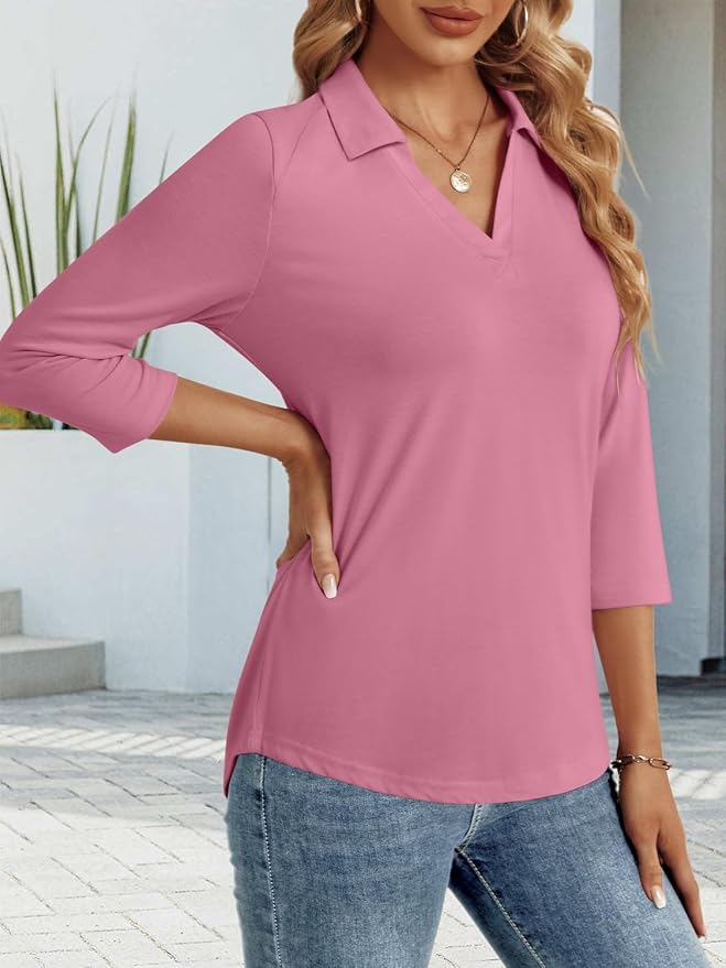 3/4 Length Sleeve Womens Tops Dressy Casual V Neck Polo Shirts Business Work Blouses 2025 Trendy Tunic Top
