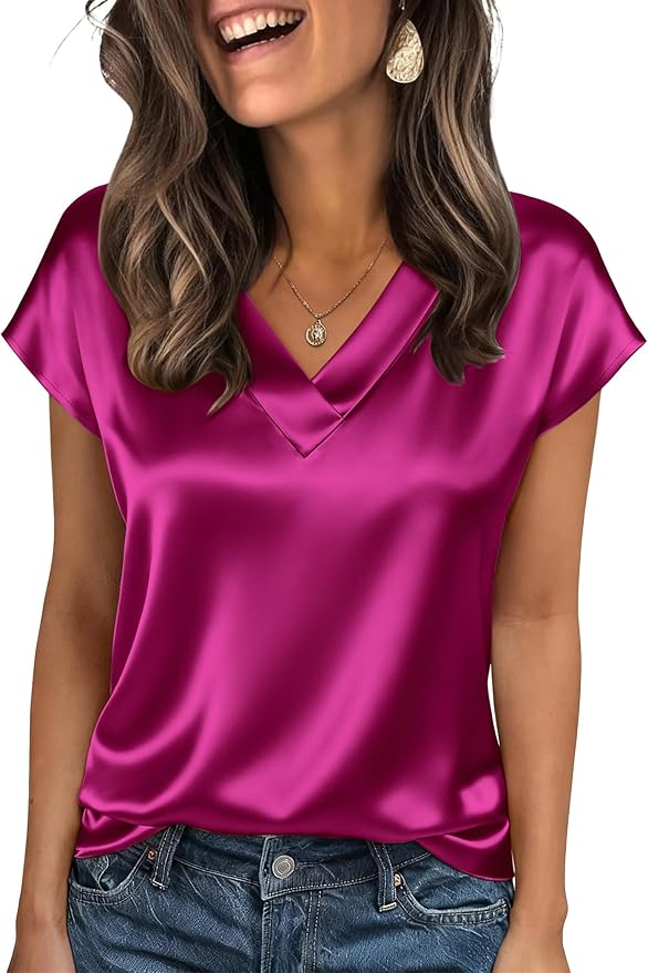 Zeagoo Women Silk Satin Tops Cap Short Sleeve Blouse V Neck Shirts Business Casual Outfits S-2XL