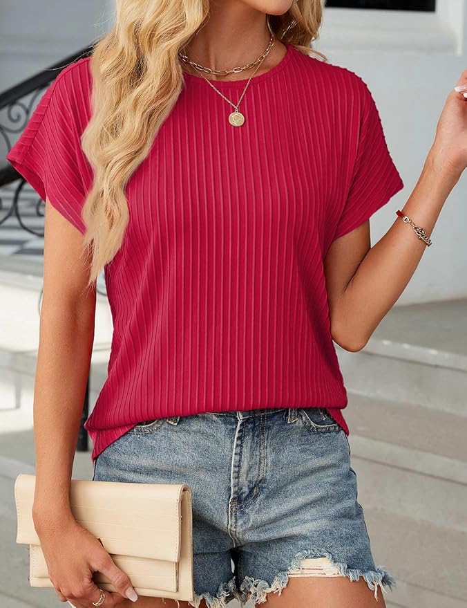 JUSTFASHIONNOW Womens Short Sleeve Blouses Business Casual Tops Crew Neck Basic Tees Textured Work Shirts Cute Office Outfits