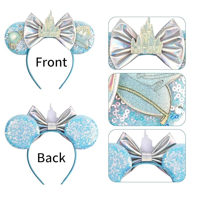 bianbaistar Blue Sequined Mouse Ear Headband with Castle and Timepiece Decorations - A Magical Accessory for Theme Parks and Parties