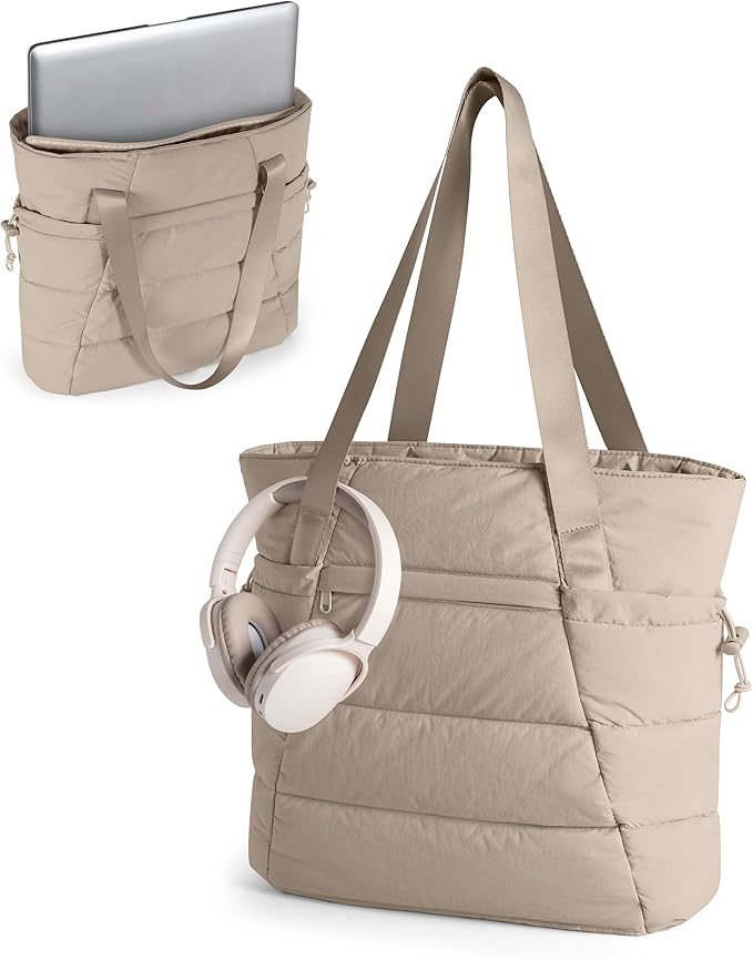 Puffer Tote Bag for Women, Lightweight Tote Bag for Work and School, Khaki