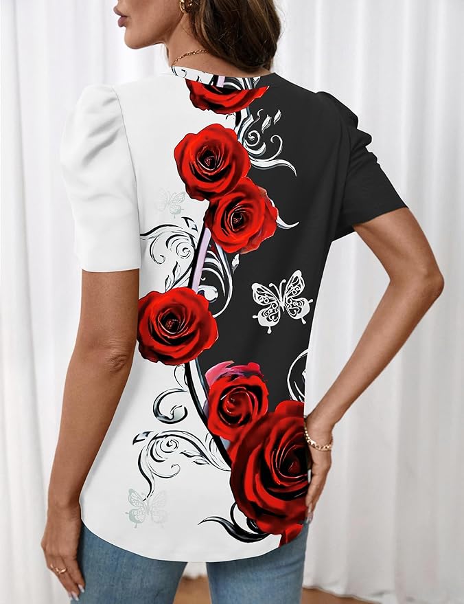 Lomon Spring Summer Tops for Women 2026 V Neck Puff Short Sleeve Tops Fashion Trendy Work Blouses Dressy Casual S-XXL