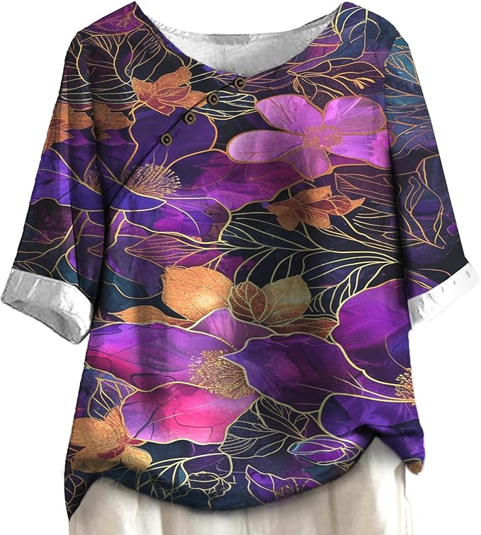 Women's Shirts Dressy Casual Asymmetric Side Button Down Design Tops Summer Loose Fit Crewneck Graphic Tees