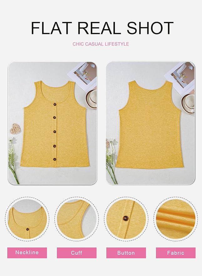 SHEWIN Womens Tank Tops Solid Button Crewneck Sleeveless Summer Tops Loose Fit