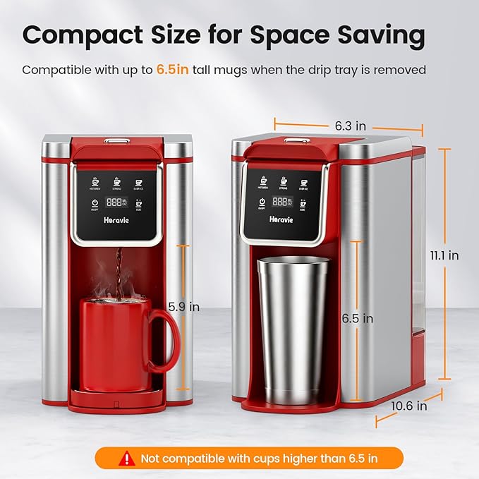 Horavie Single Serve Coffee Maker for K-Cup Pod and Grounds, Hot and Iced Coffee Maker, Strong Button Feature, 6 to 14oz Brew Sizes, 50oz Removable Reservoir, Fit 6.5" Mugs, Stainless Steel, Red