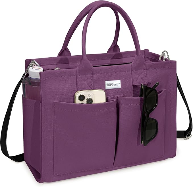 TOPDesign Heavy-Duty Canvas Tote Bag for Women, Adjustable Crossbody/Shoulder Handbag with 9 Pockets, Everything Tote