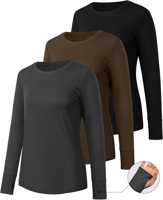 Huukeay 3 Pack Women's Long Sleeve Shirts with Thumb Holes, Cotton Casual Crew Neck Tunic Tops Fall Loose Y2k Trendy Outfits