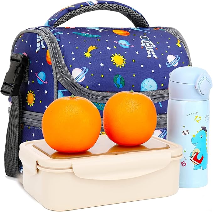 FlowFly Kids Double Decker Cooler Insulated Lunch Bag Large Tote for Boys, Girls, Men, Women, With Adjustable Strap, Astronaut