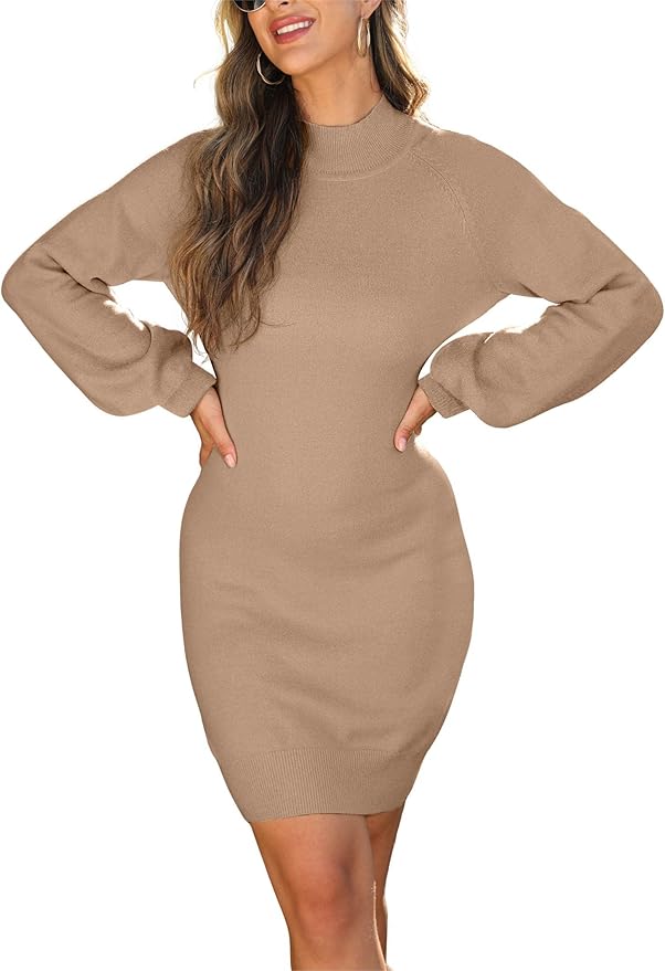 GRECERELLE 2026 Women's Mock Neck Ribbed Long Sleeve Bodycon Pullover Cute Mini Sweater Dress (XS-2XL)